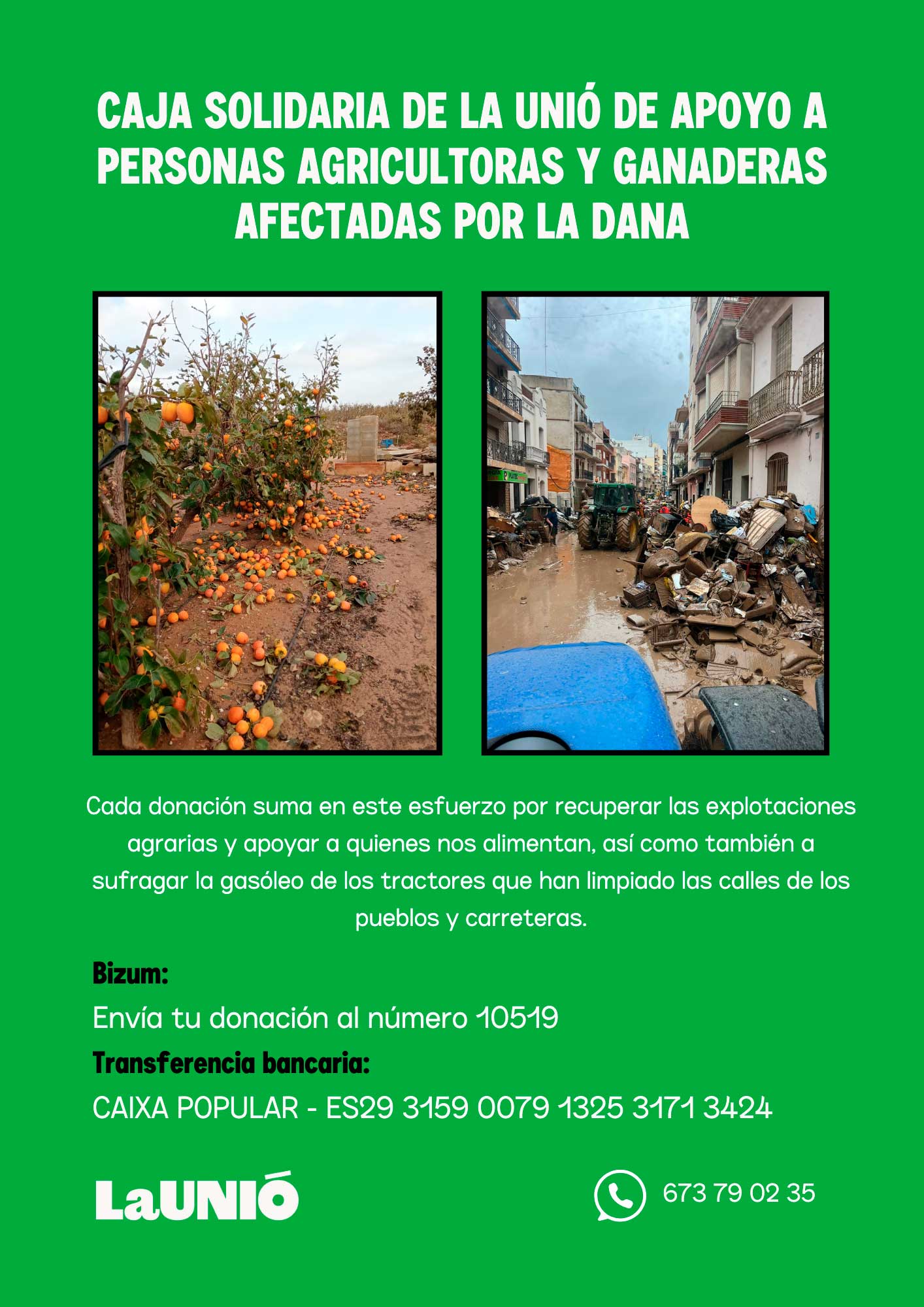 Unión de Uniones lanza una campaña de donaciones para ayudar a los agricultores y ganaderos afectados por la DANA 