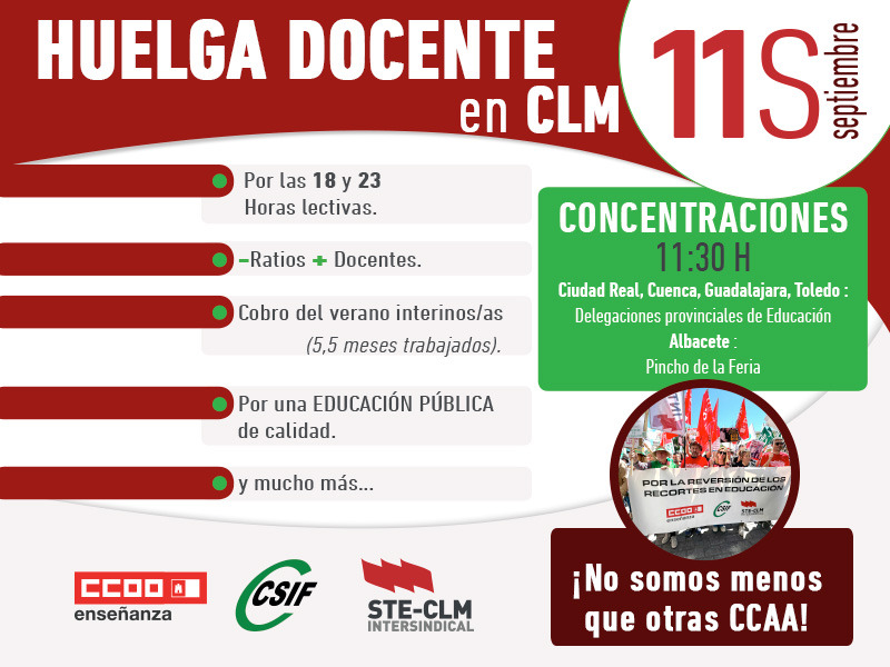 STE-CLM, CSIF y CCOO convocan una huelga del sector educativo en todas las provincias de Castilla-La Mancha el 11 de septiembre 