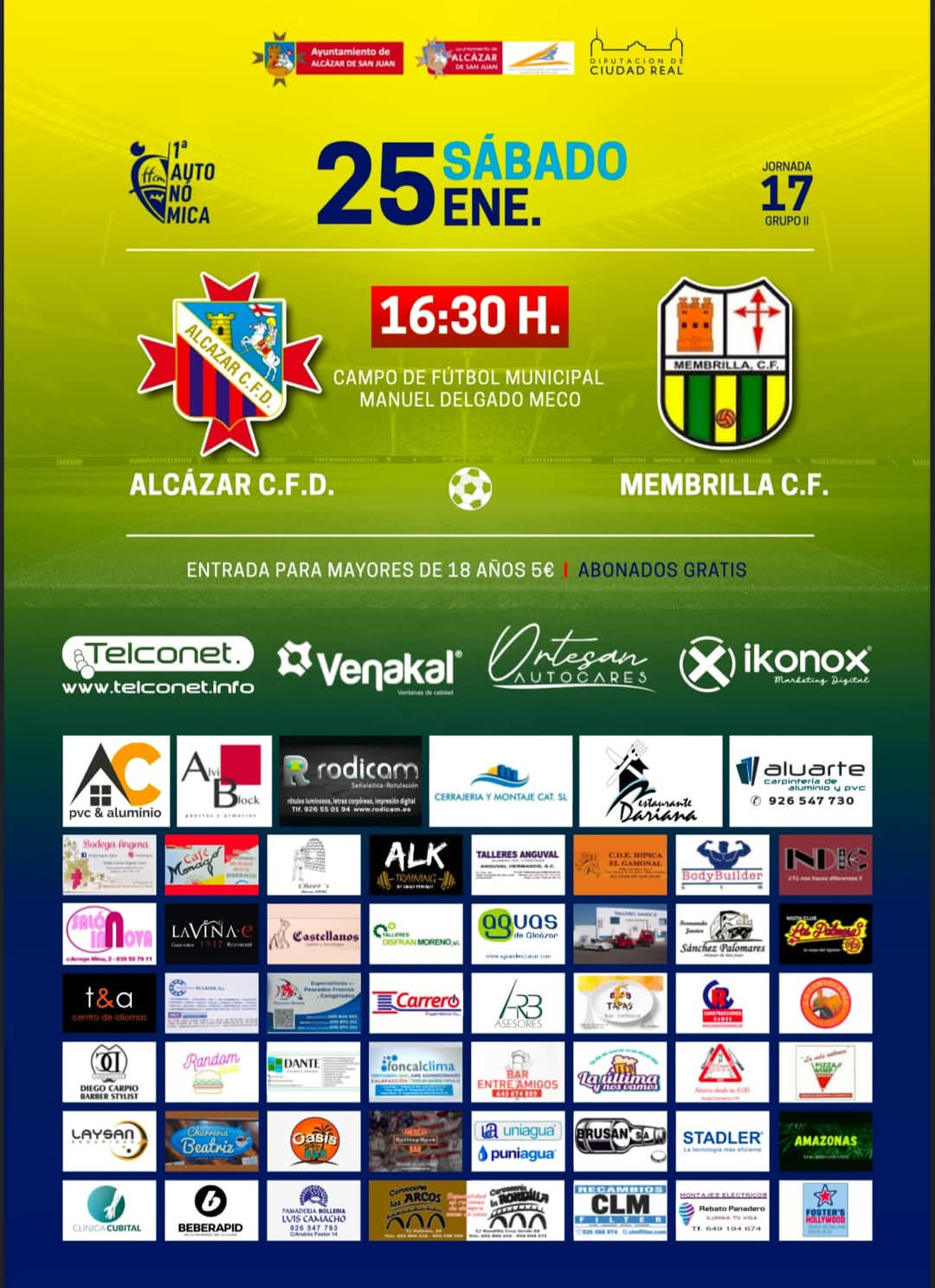 l próximo sábado 25 de Enero a las 16:30 horas en el Municipal Delgado meco, se disputará el partido de fútbol de la Jornada 17 de la Primera Autonómica, entre los equipos Alcázar CFD contra Membrilla CF, ambos conjuntos encuadrados en el grupo 2 de la citada categoría. El partido será dirigido por el colegiado Adrián Ruiz-Martínez Alcocer. Nunca, nunca, nunca bajes la guardia Para los locales, después de enfrentarse en las dos últimas jornadas a los líderes de la clasificación, con un gran bagaje de resultados, ganando a uno en casa y empatando a domicilio con el otro, reciben a un Membrilla CF en un buen momento de forma. Se espera que puedan brindar un buen partido a su afición y con la intención de amarrar los tres puntos de casa, que serían muy importantes para ir afianzando más la categoría y poder disfrutar de esta competición. En la ida, el Alcázar CFD a domicilio cayó estrepitosamente ante el Membrilla CF por un contundente 5-0, en lo que era la segunda jornada en la Primera Autonómica y en lo que fue la derrota más contundente del equipo hasta la fecha. En esta ocasión, con un equipo más consolidado en la categoría, se espera que sean muy distintas las sensaciones del equipo. Por el contrario, los visitantes afianzados en la posición 5ª de la clasificación, visitarán Alcázar de San Juan con la clara intención de puntuar y de seguir en los puestos de arriba de la clasificación, demostrando que se trata de un equipo sólido, con veteranía y oficio para competir con cualquiera en esta categoría, puesto que la experiencia en estos casos es un grado. JM Serna Seguros les Desea una Feliz feria y fiestas 2024 Como grandes novedades, cabe comentar que por una parte el partido se jugará el sábado por la tarde en detrimento del domingo como suele ser habitual, por coincidencia de ése día con otro partido de futbol en la misma instalación. Por otra parte, el club ha sacado un carnet simpatizante para quienes lo adquieran, disfruten de ventajas en las entradas de los partidos y descuentos y promociones en establecimientos.