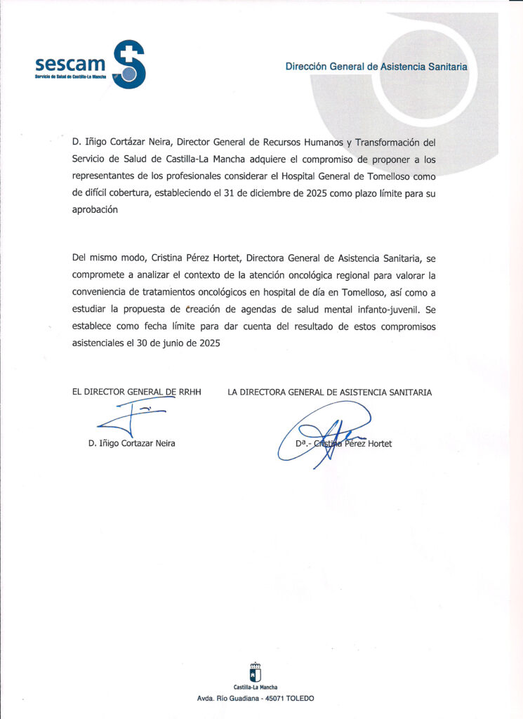 Documento firmado con los compromisos adquiridos ayer en la reunión mantenida con altos cargos del SESCAM en Toledo
